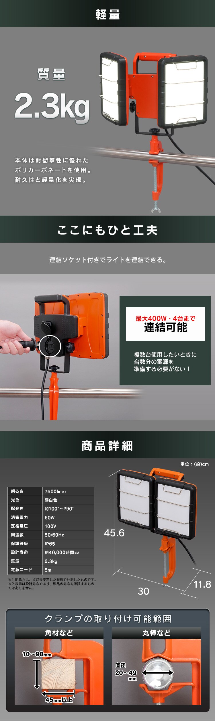 ワークライト LED クランプライト 投光器 AC式 防雨 作業灯 7500lm LWT-7500C-WP4