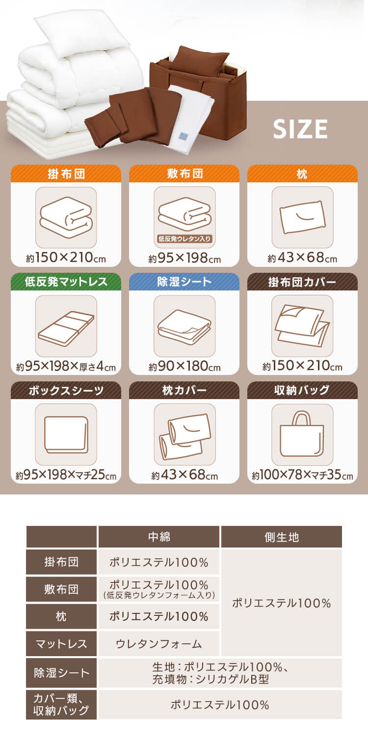 【除湿シート付】低反発敷布団+マットレス付き寝具10点セット シングル KFS-M10ST ブラウン 10