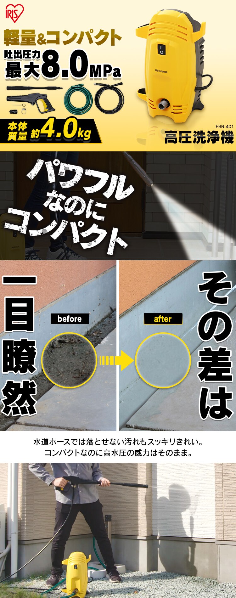 高圧洗浄機 8.0MPa 軽量 コンパクト 9点セット FBN-401 イエロー0
