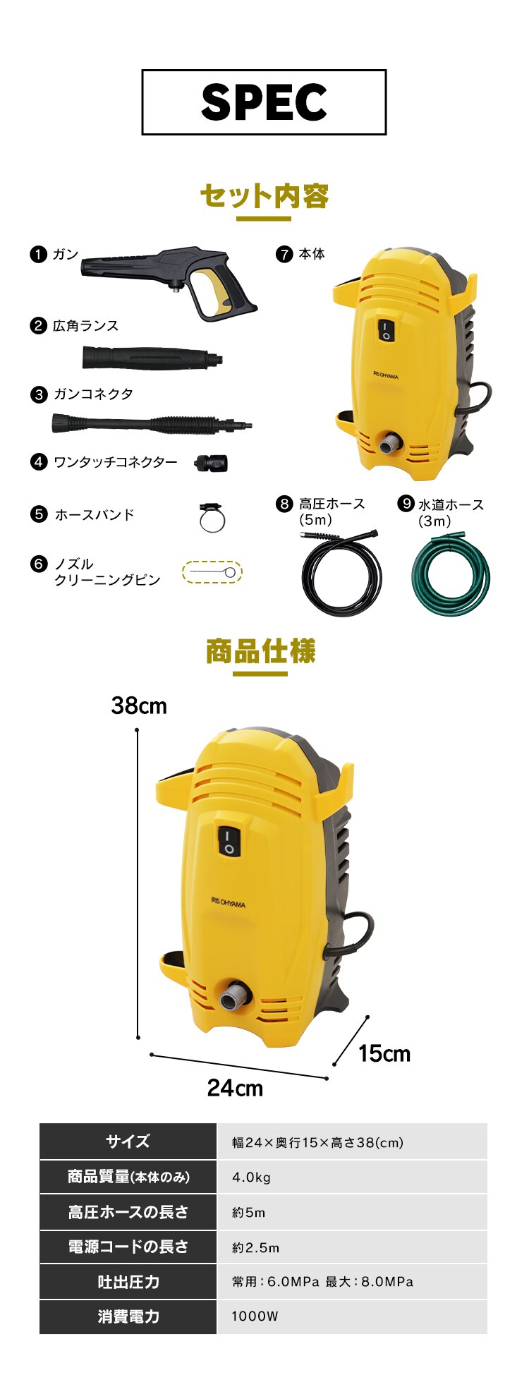 高圧洗浄機 8.0MPa 軽量 コンパクト 9点セット FBN-401 イエロー4