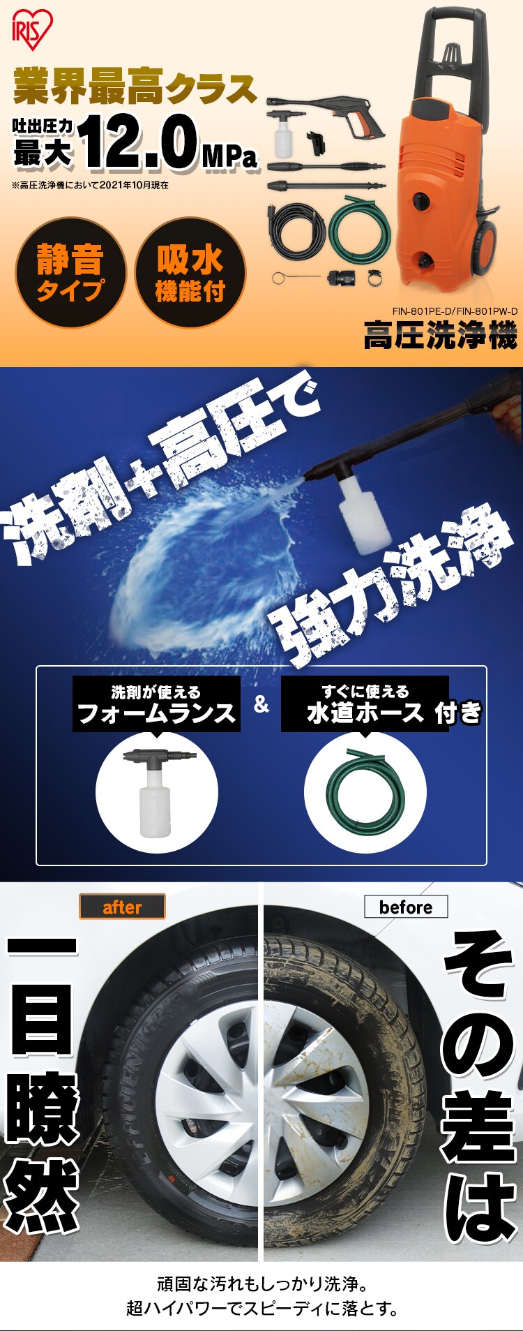 高圧洗浄機 12.0MPa 静音 60Hz 西日本専用 FIN-801PW-D 0