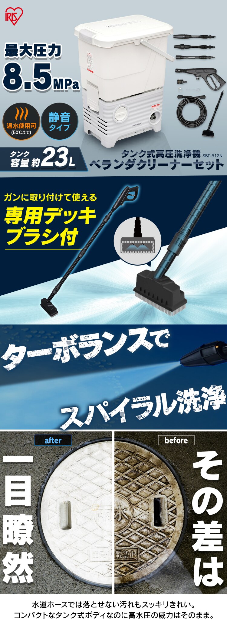 高圧洗浄機 タンク式 ベランダクリーナーセット ホワイト SBT-512N　0