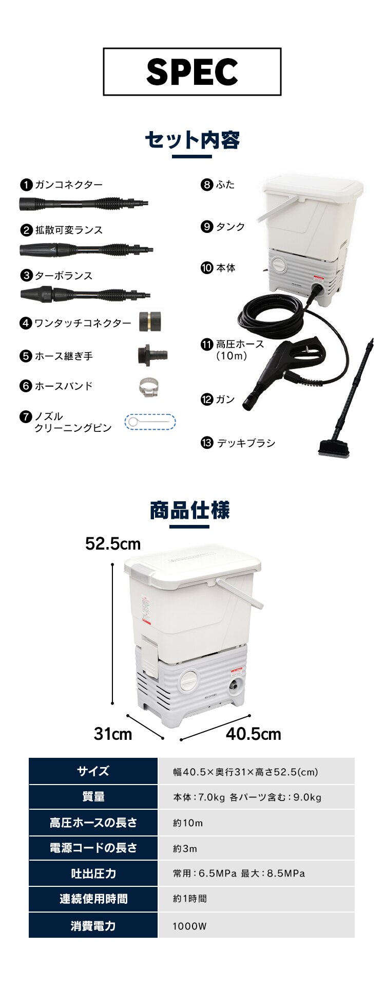 高圧洗浄機 タンク式 ベランダクリーナーセット ホワイト SBT-512N　13