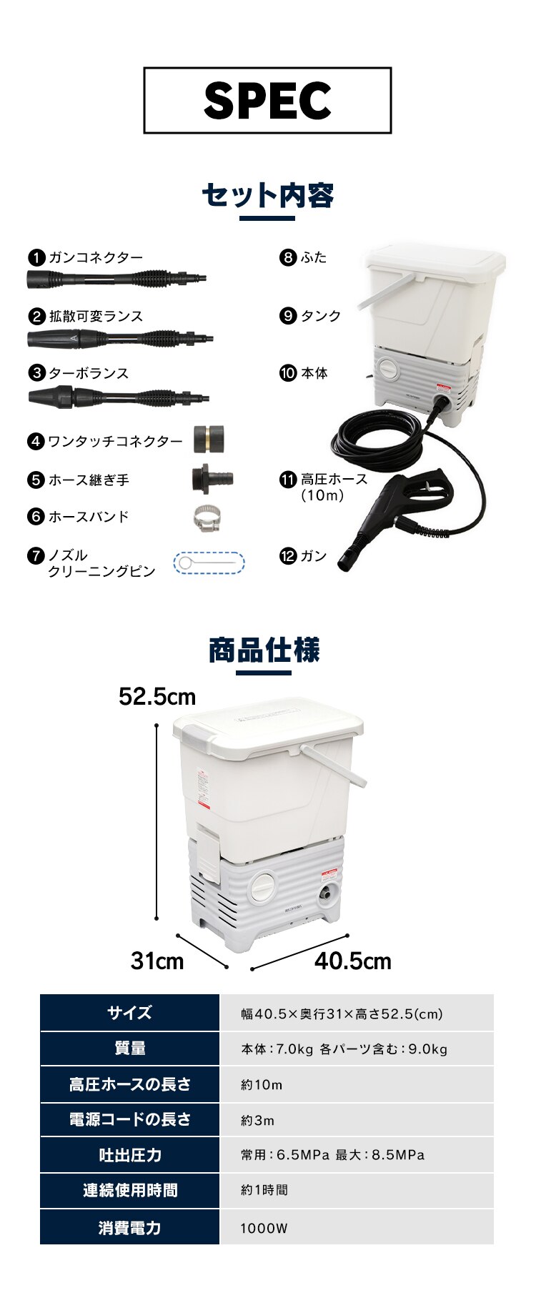 高圧洗浄機 タンク式 8.5MPa 温水使用可能 12点セット SBT-512N ホワイト7