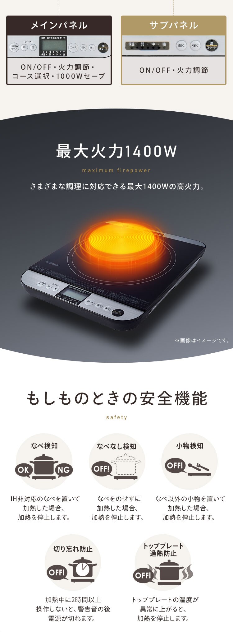 IHコンロ 1口 1400W 卓上 対面操作式 IHC-T61-B ブラック2