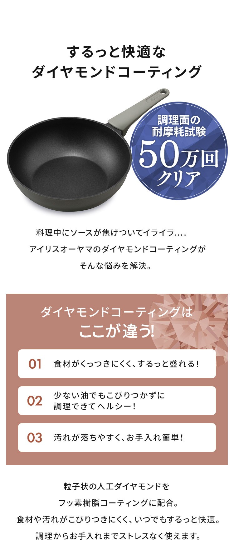 フライパン 炒めなべ 26cm ガス火専用 取っ手一体型 ダイヤモンドコートパン DCP-G26 パールグレー4