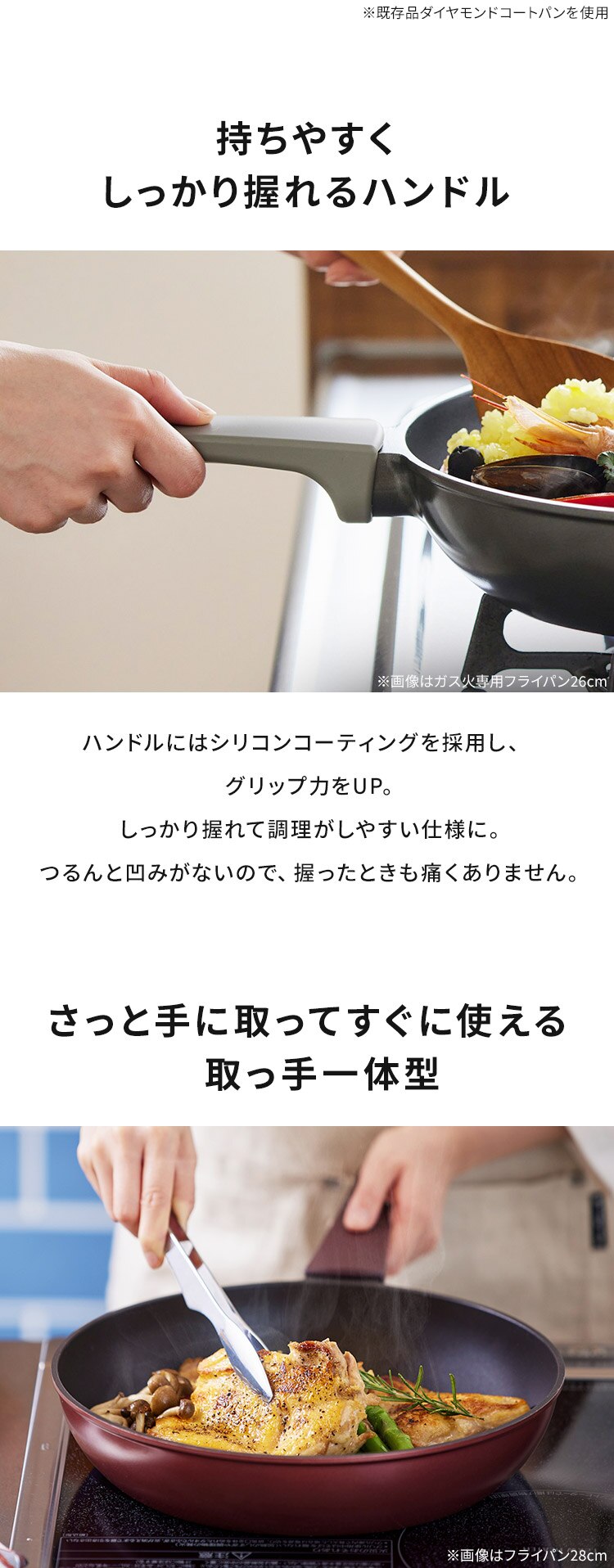 フライパン 炒めなべ 28cm IH/ガス火対応 取っ手一体型 ダイヤモンドコートパン DCP-I28 ルビーレッド7