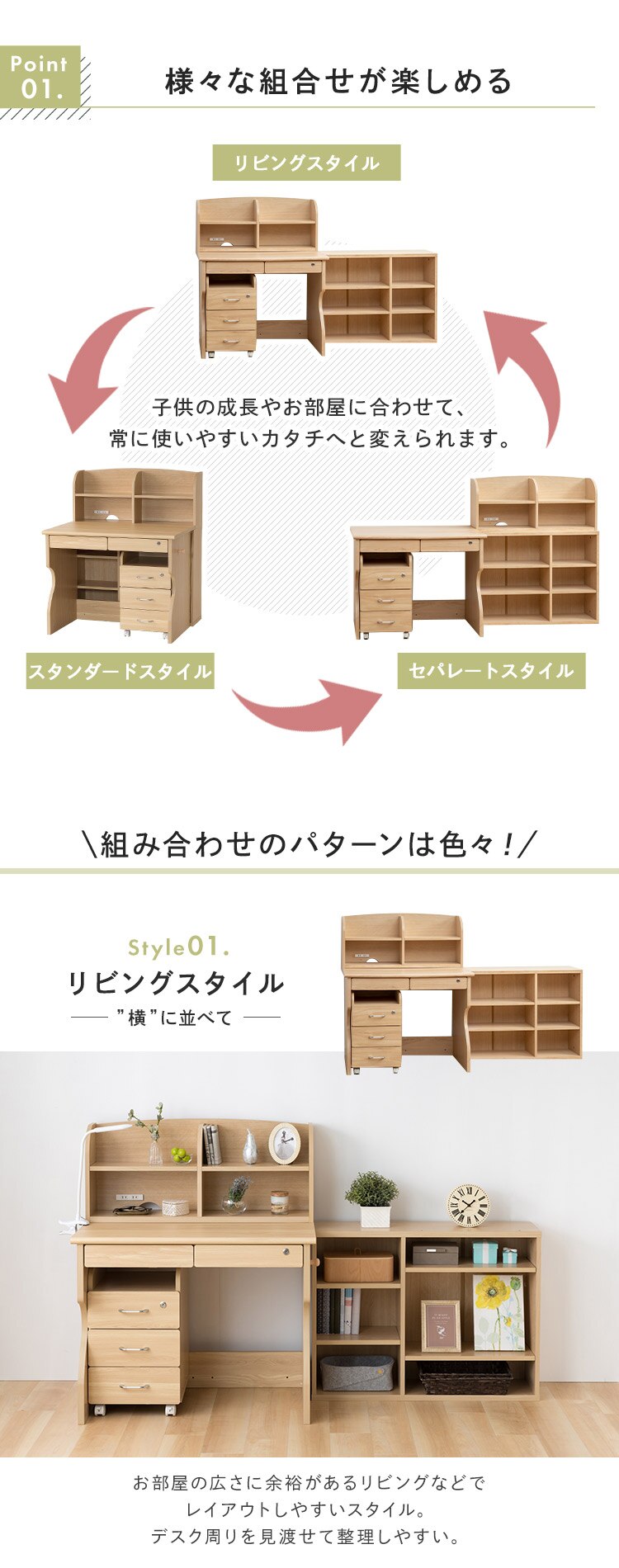 【4点セット】学習机 勉強机 幅90cm レイアウト自由 ホワイト 3