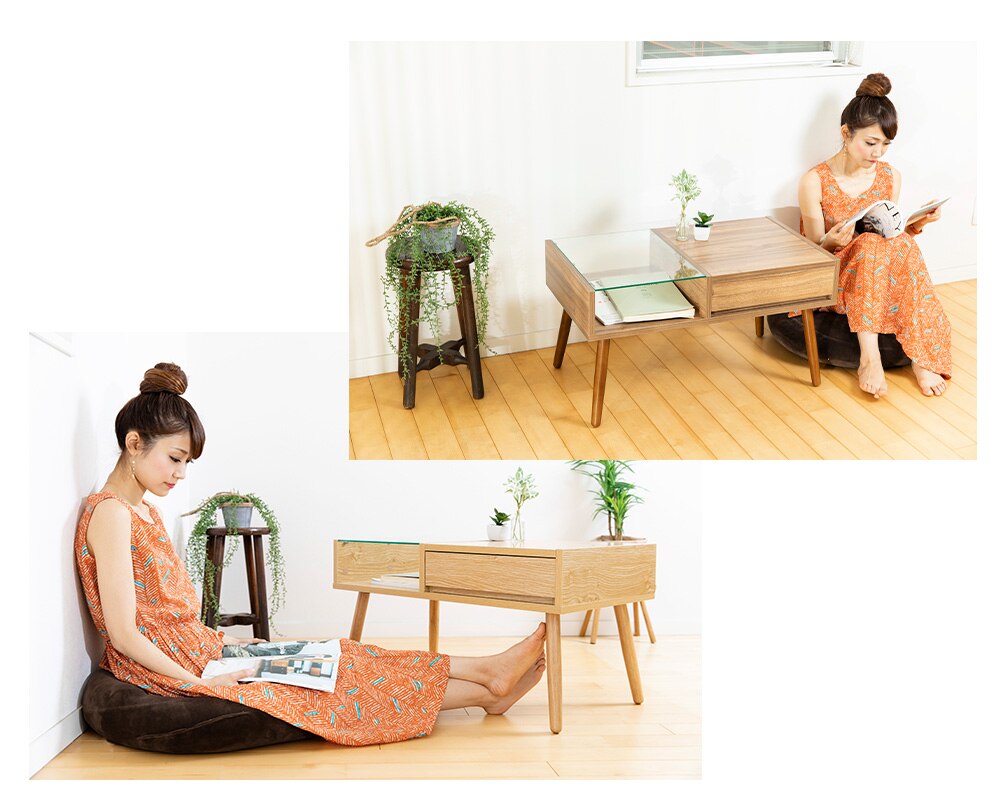 リビングテーブル ガラス 収納付き GLT-800 ブラウン 15