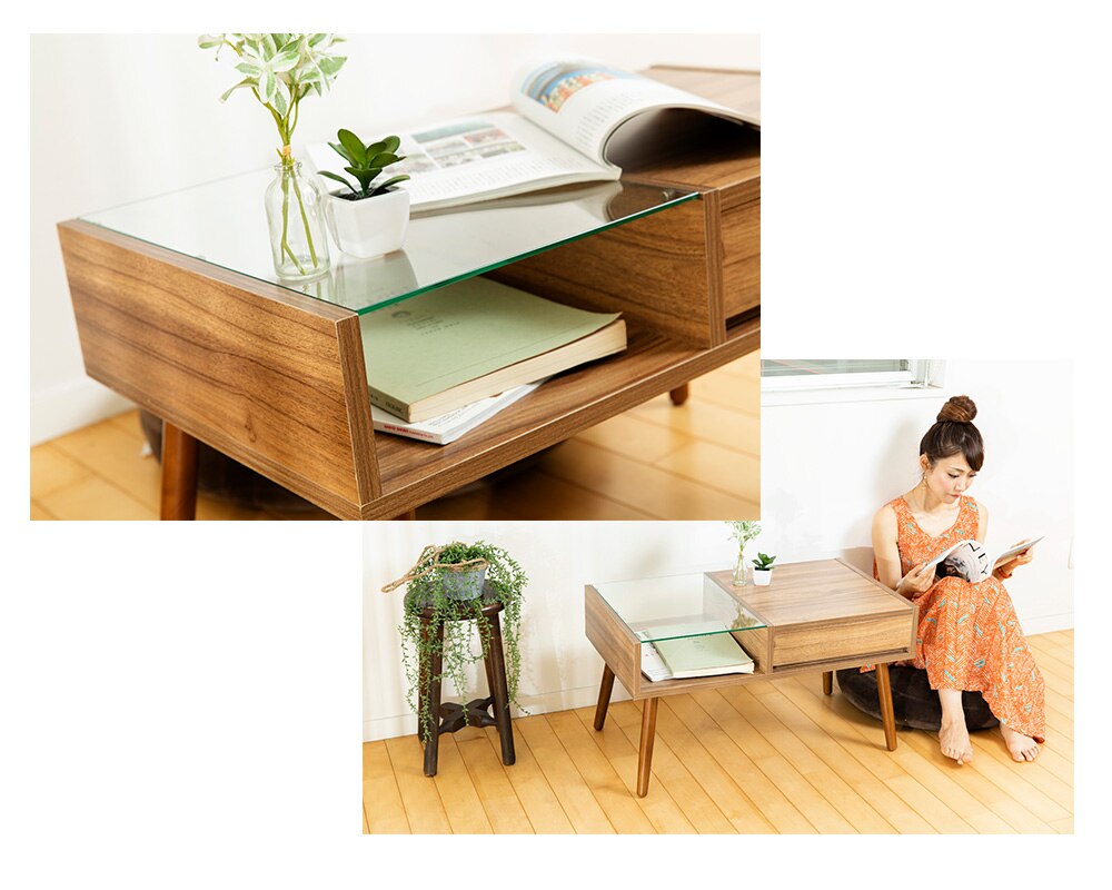 リビングテーブル ガラス 収納付き GLT-800 ブラウン 22
