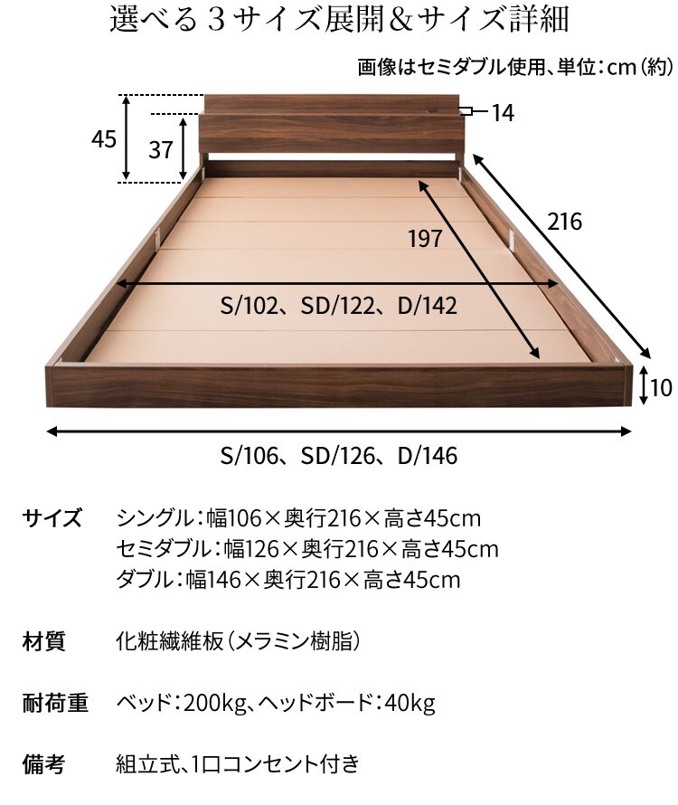 棚・コンセント付きフロアベッド ダブル SFBD-D ウォルナット【前払い不可】【代引き不可】【同梱不可】10