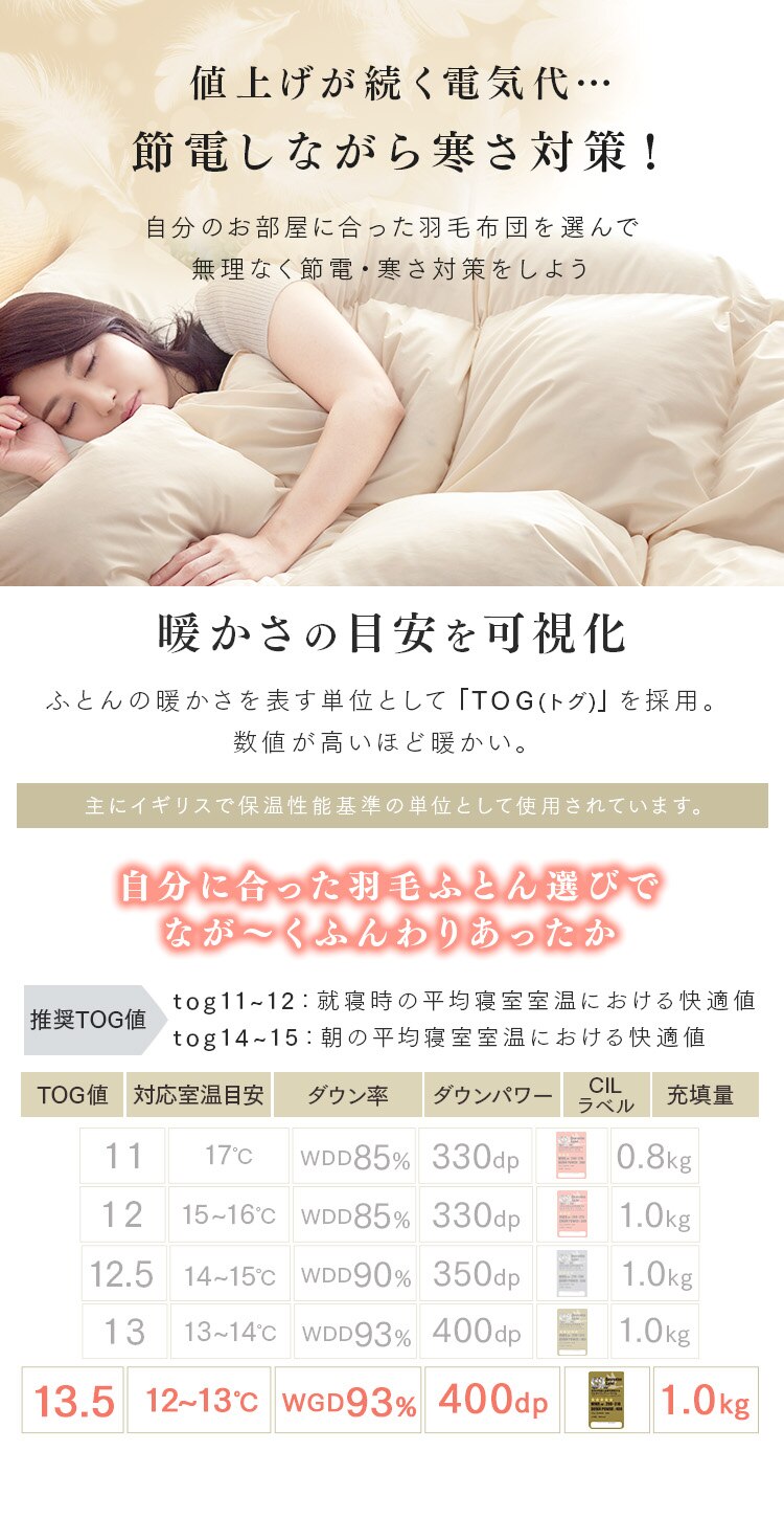 羽毛布団 シングルロング WGD93% 400dp 1.0kg ベージュ 【直送】 【代引き不可】3