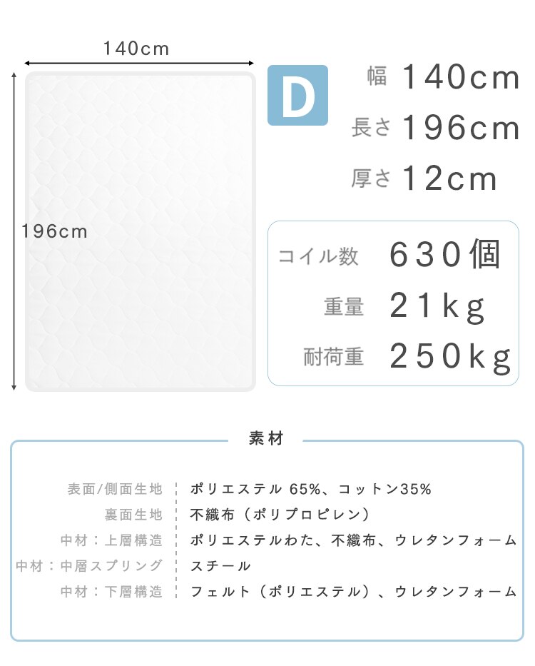 マットレス ダブル ポケットコイル 厚さ12cm PTM12-D  【前払い不可】【代引き不可】【同梱不可】10