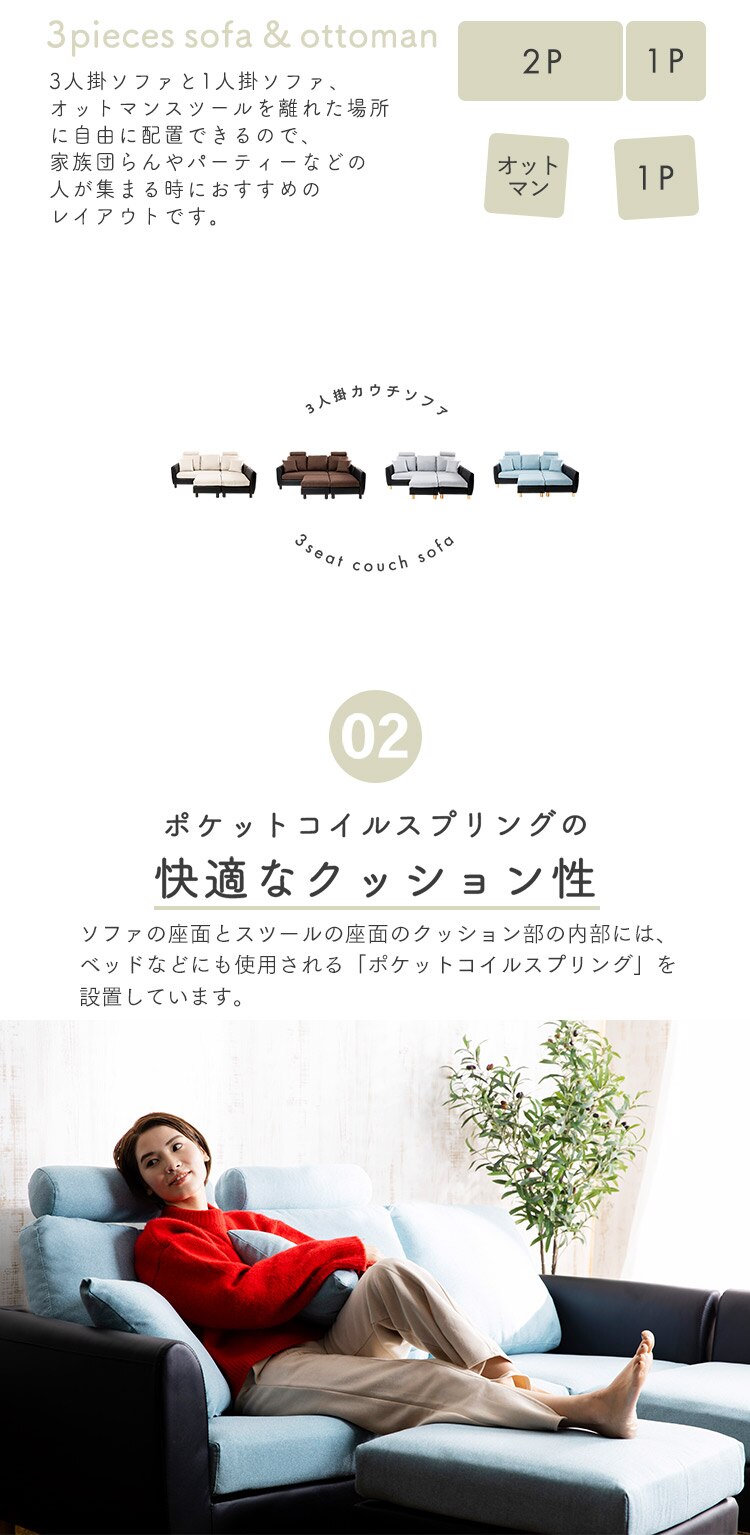 洗えるカウチソファ 3PCS-1810 ブルー&times;ブラック6