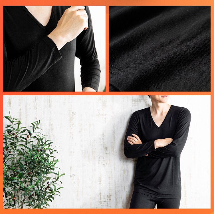 【メール便】メンズ吸湿発熱インナー9分丈 Vネック ブラック IHRM9V Mサイズ【代引き不可】2