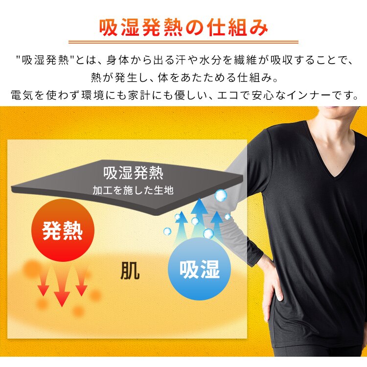 【メール便】メンズ吸湿発熱インナー9分丈 Vネック ブラック IHRM9V Mサイズ【代引き不可】3