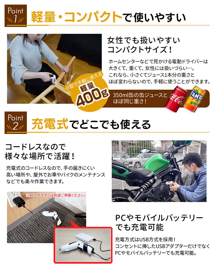  電動ドライバー 3.6V コードレス 充電式 47点セット 軽量 LID-C01IW2