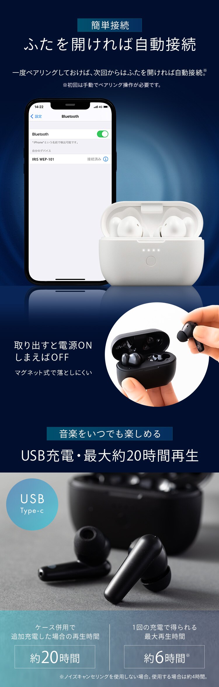 ワイヤレスイヤホン 連続使用20h 防水 WEP-101-BK ブラック 4