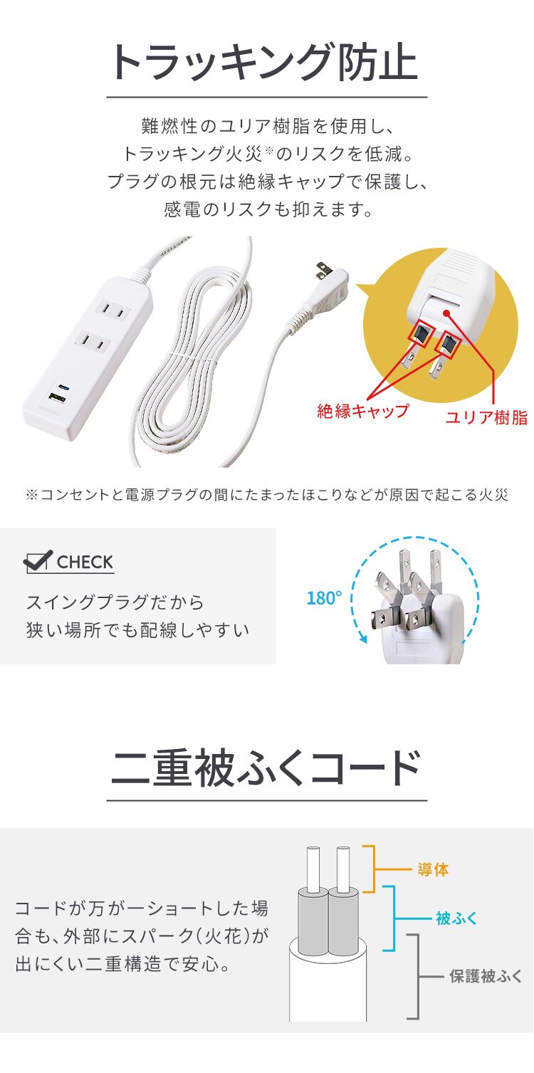 電源タップ 2口 USB充電ポート付き 2m 節電 TPU-22AC-W アイリスオーヤマ3