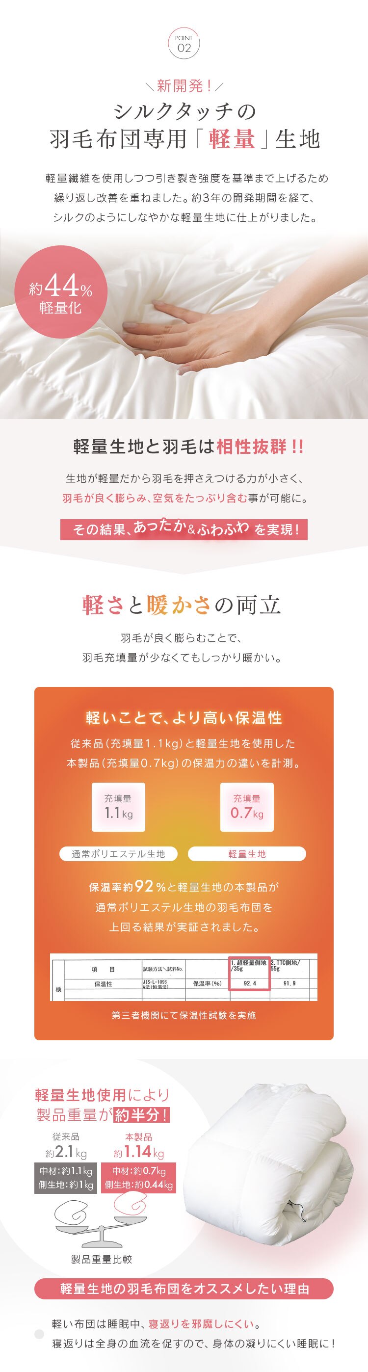 羽毛布団 シングルロング WDD93％ 440dp 0.7kg 超軽量 グレー2