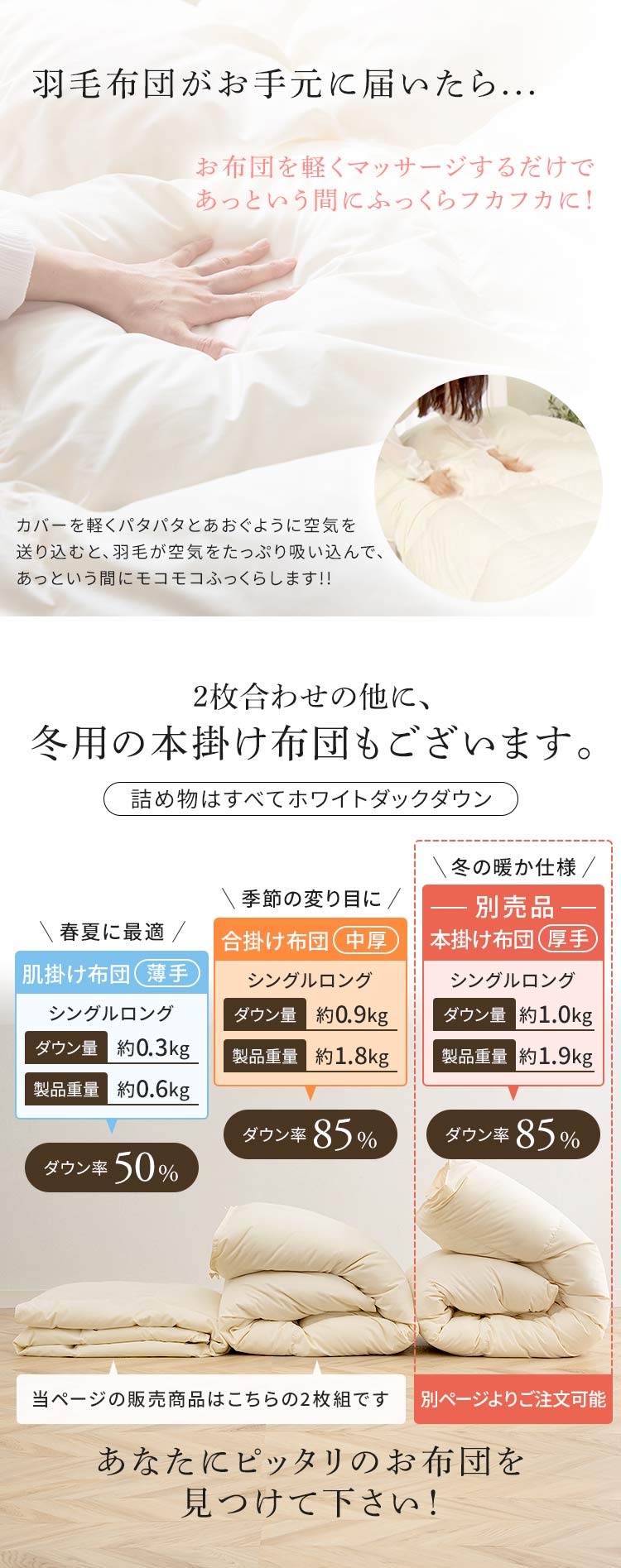 羽毛布団 2枚合わせ WDD50%・85% 0.5kg/1.1kg ダブルロング ベージュ 【直送】 【代引き不可】13