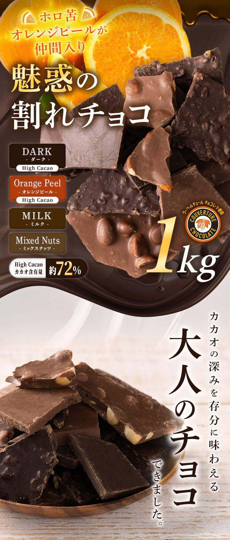 割れチョコダーク/ミルク/ミックスナッツ/オレンジピール（ソフト） 1kg 0
