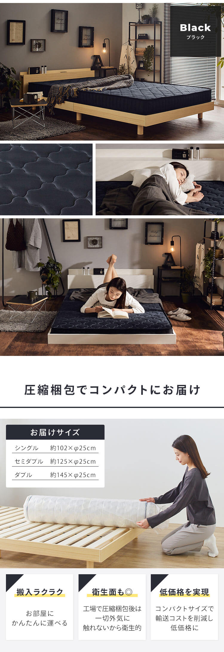 マットレス シングル ポケットコイル 厚さ14? ブラック  8
