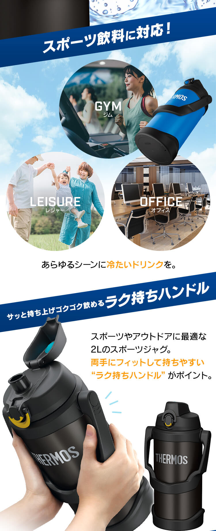 水筒  2000ml サーモス THERMOS 真空断熱スポーツジャグ 大容量 キッズ  FJQ-2000 ブラック(BK)1