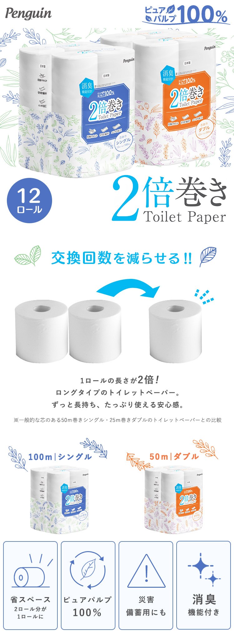 【48ロール】トイレットペーパー ダブル 2倍巻 ペンギン0