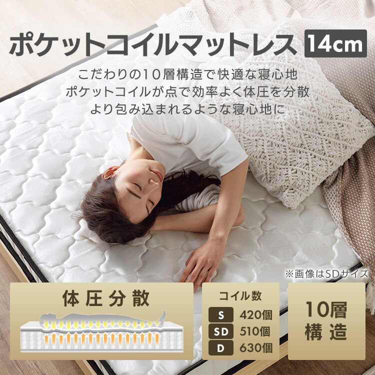 【マットレスセット】USB棚付きベッドとポケットコイルマットレス14cmダブルセット ナチュラル3