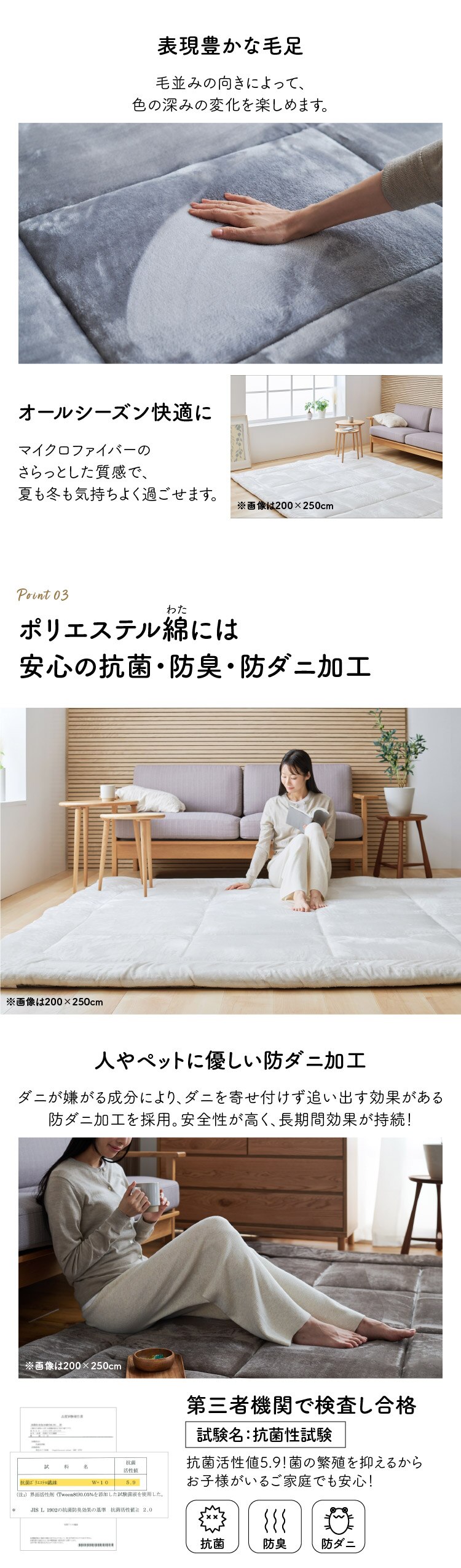 ラグ 超極厚ラグ 5層構造 極厚6cm 抗菌・防臭 防ダニ加工 185cm&times;185cm ホワイト4