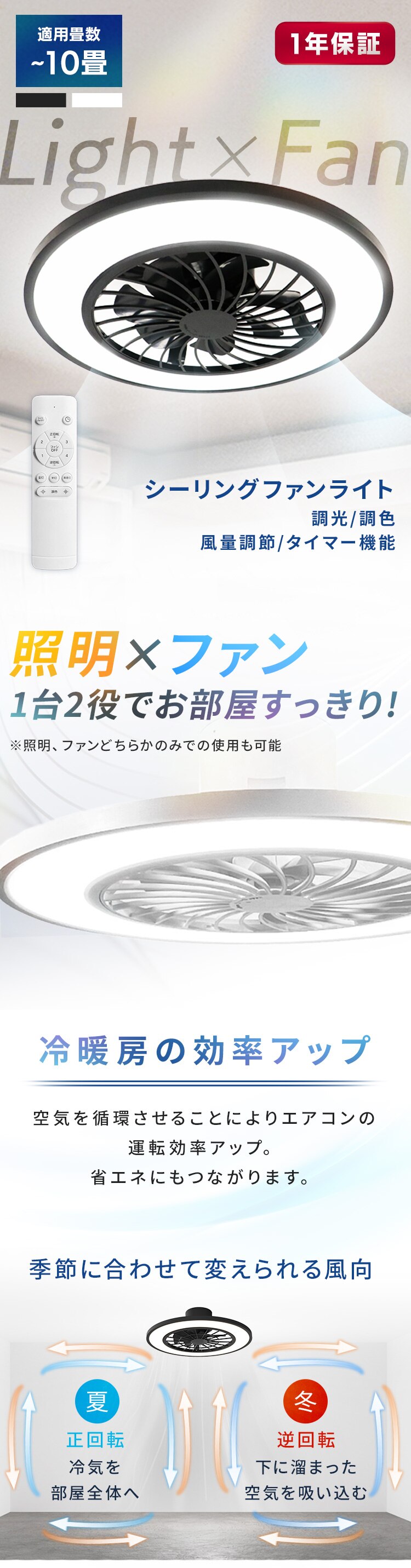 LED シーリングファンライト 10畳 調光 調色 リモコン付き 1年保証 HLCF-550BK ブラック0