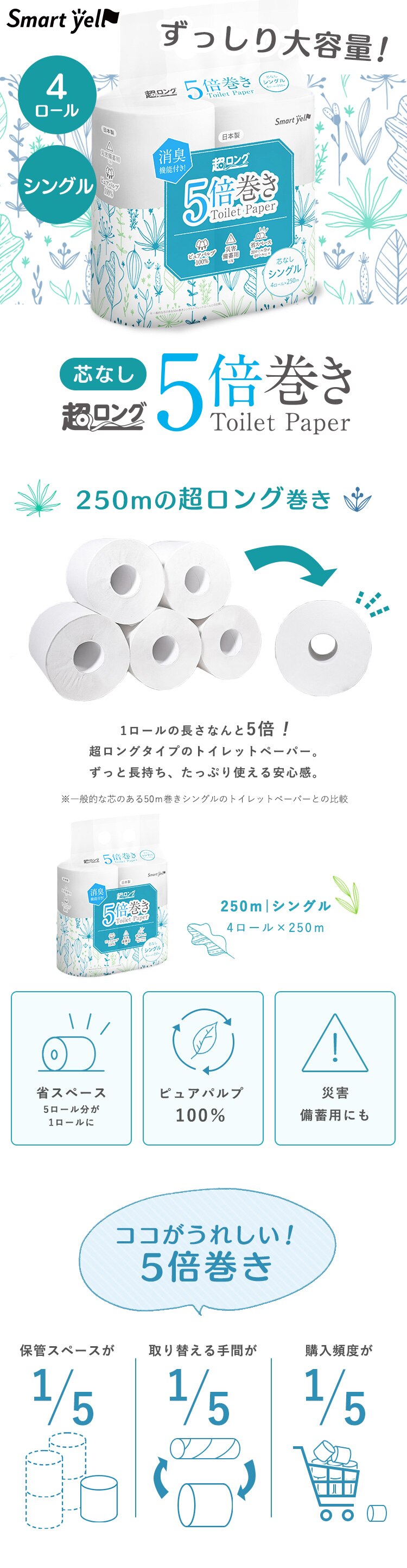 【16ロール】トイレットペーパー 芯なし 5倍巻き パルプ 250m&times;4ロール&times;4個セット 【前払い不可】【代引き不可】【同梱不可】【SYCP】0