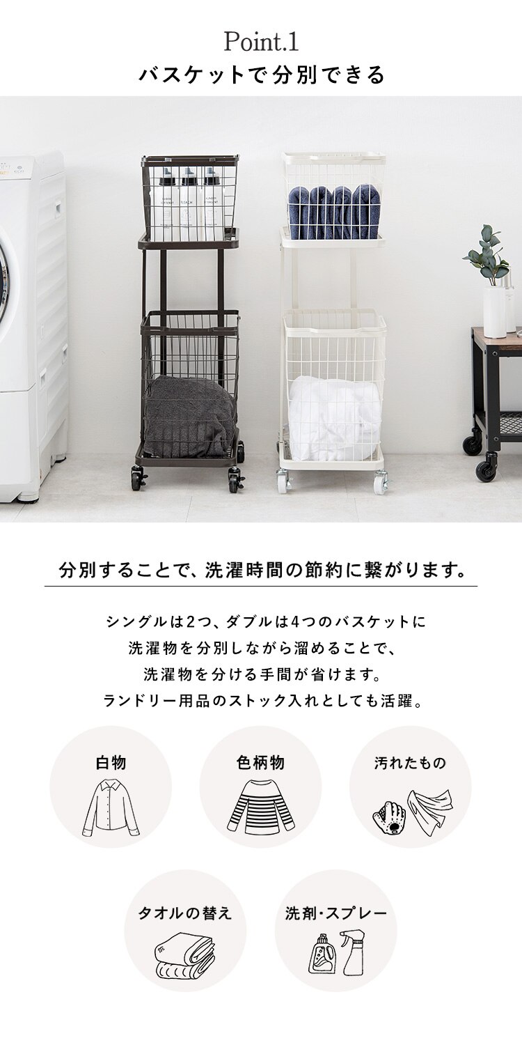ランドリーワゴン バスケット 取り外し可能 キャスター付き シングル KR-3945WH ホワイト【時間指定不可】【代引き不可】1