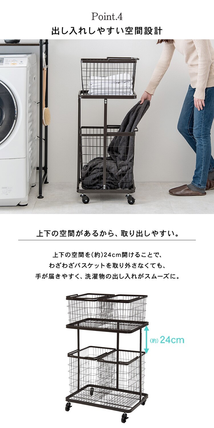ランドリーワゴン バスケット 取り外し可能 キャスター付き シングル KR-3945WH ホワイト【時間指定不可】【代引き不可】4
