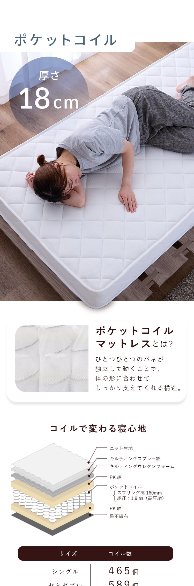 ステージベッド ポケットコイルマットレス セット SD グレージュ/(ボンネル)ホワイト4