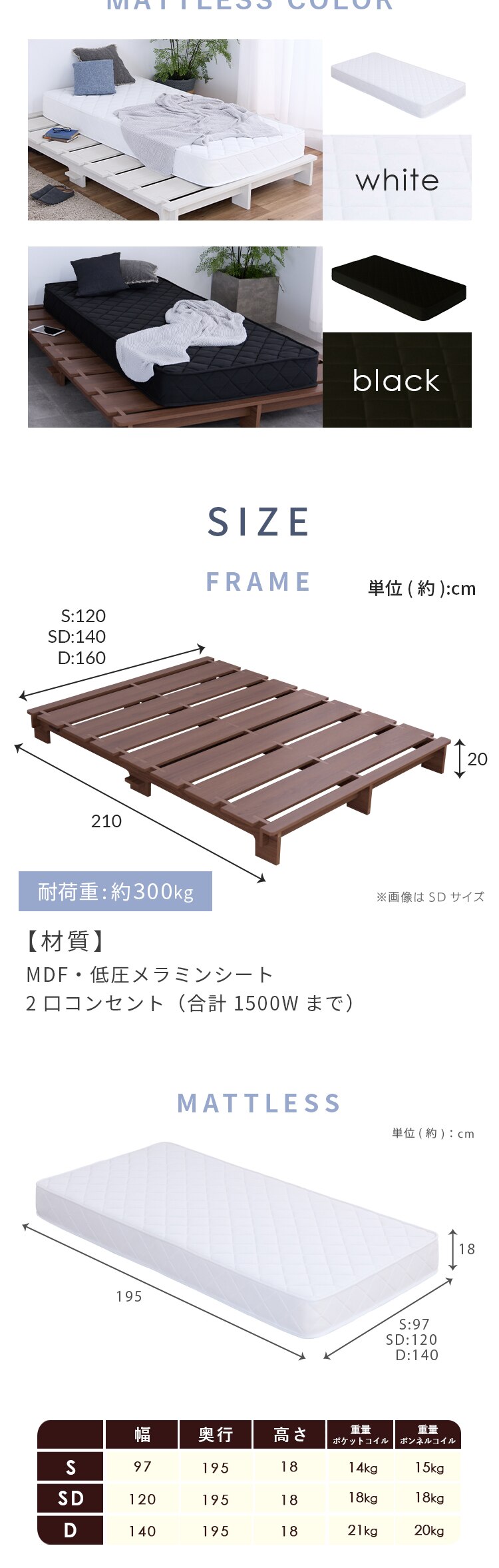 ステージベッド ポケットコイルマットレス セット SD グレージュ/(ボンネル)ホワイト6