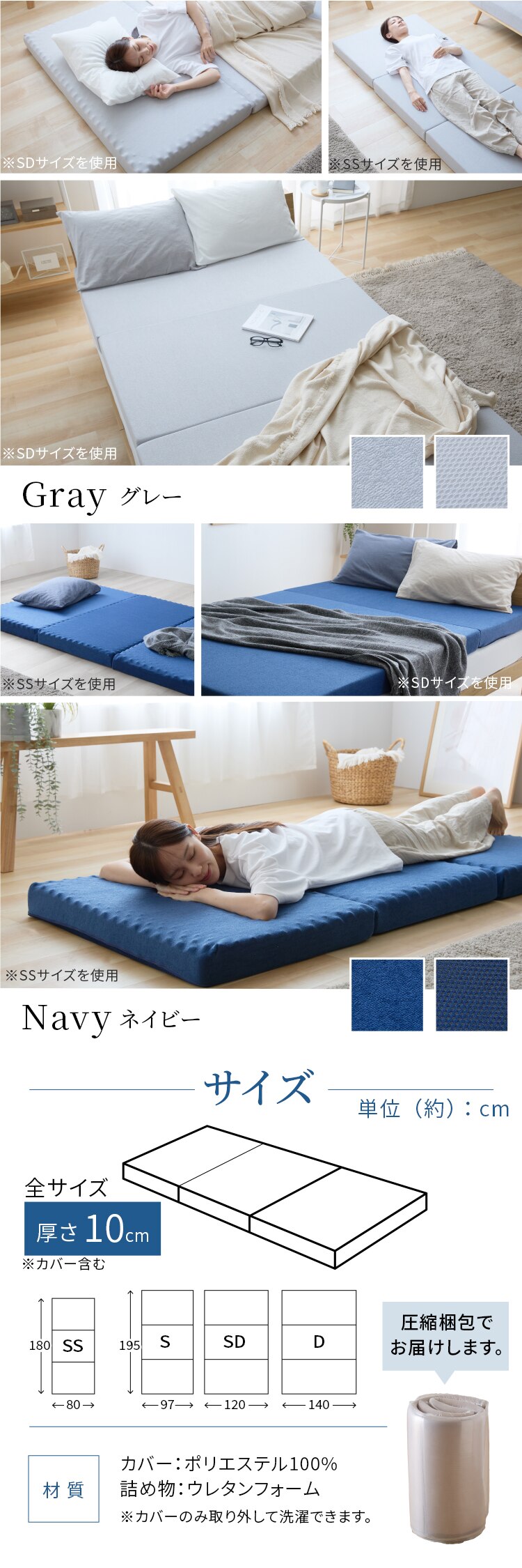 3つ折りマットレス・プロファイルタイプ シングル ネイビー3