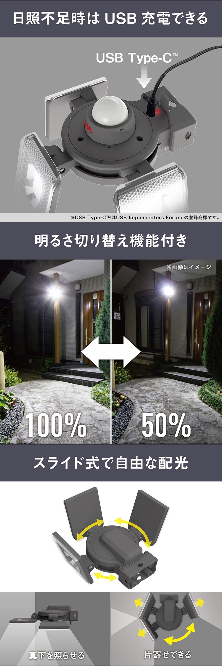 ３灯スライド型センサーライト　ソーラー式 ホワイト S-340L 1