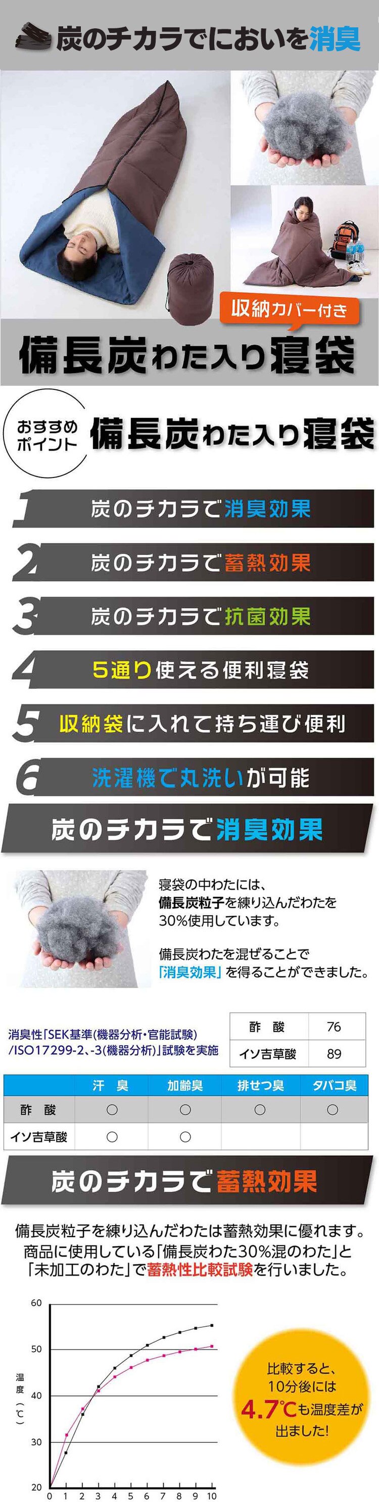 備長炭わた入り寝袋 ブラウン 83-0455 0