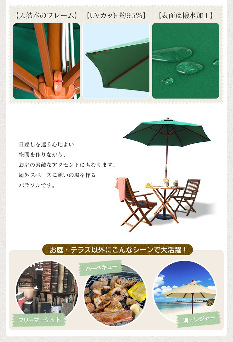 天然木のフレーム・UVカット約95％・表面は撥水加工