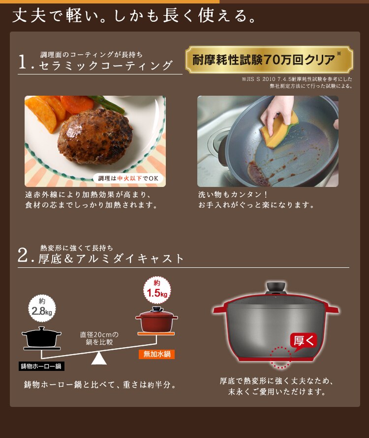 セラミックコーティングで長持ち。アルミダイキャスト厚底設定